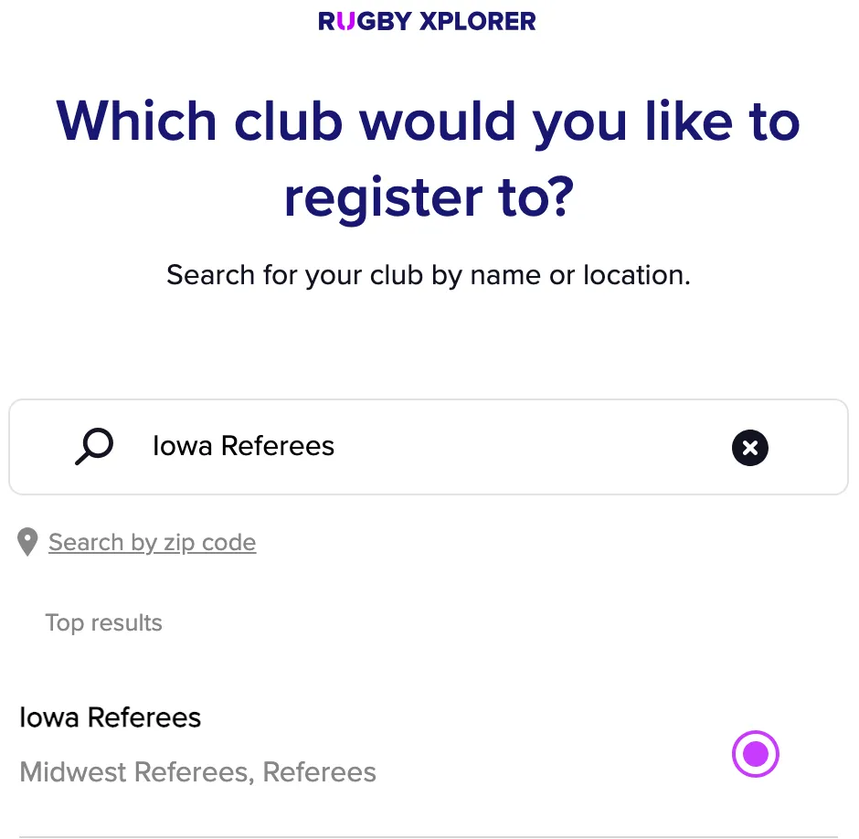 Screenshot of Rugby Xplorer's Registration page